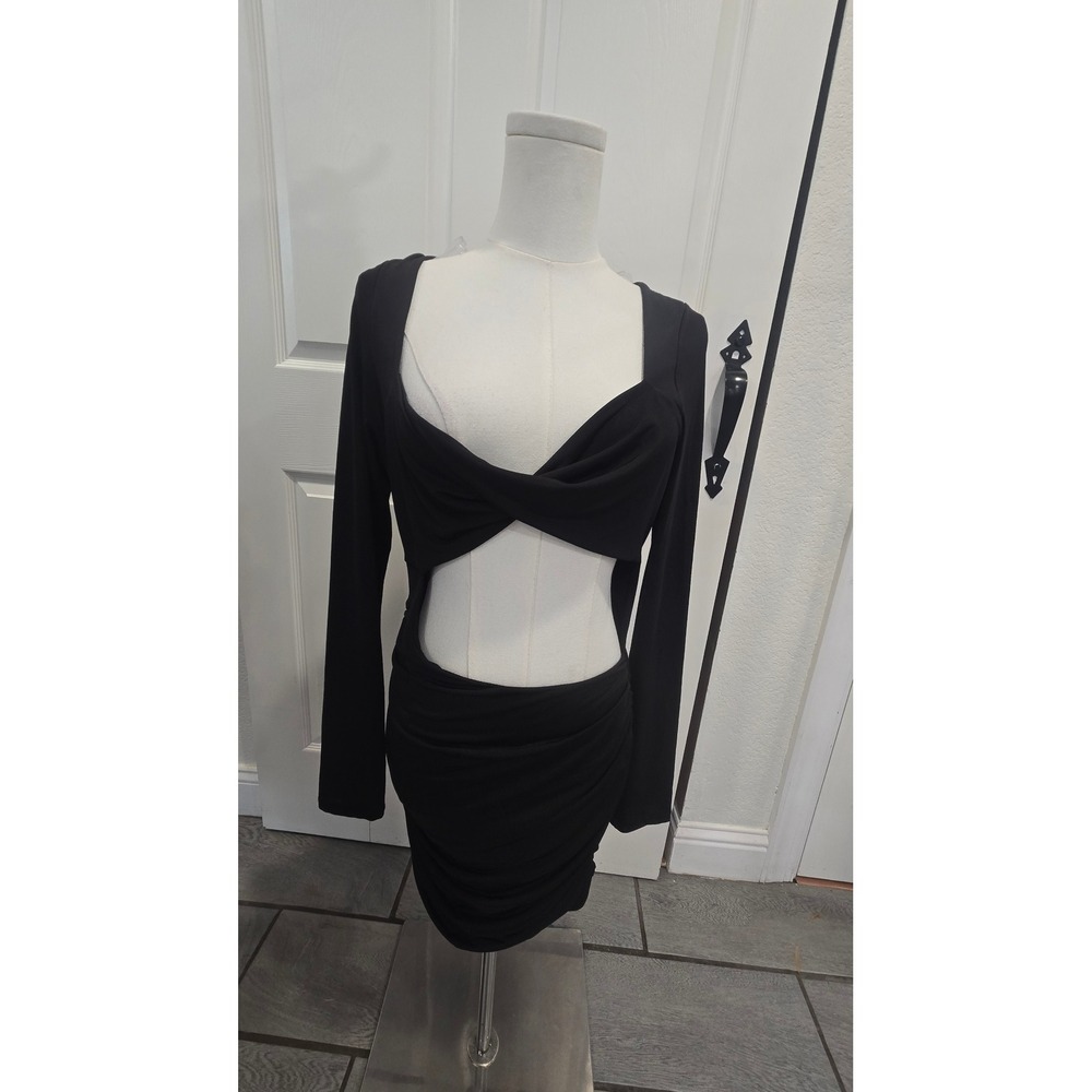 Tresser Black Long Sleeve Cutout Ruched Mini Dress Twisted Bust Made in LA L